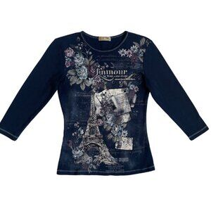 blue canyon y2k paris theme graphic 3/4 sleeve top size small